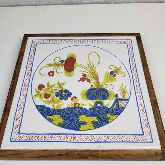 Vintage Tile Trivet Semigres Italy Wood Framed Hand Painted Flower Art MCM - Picture 3 of 14